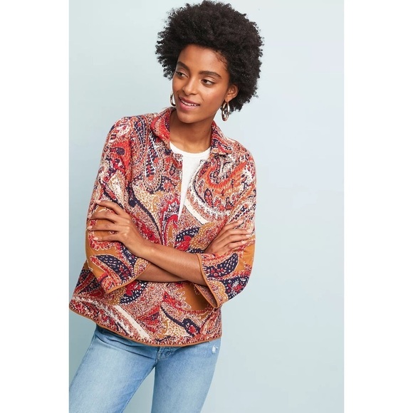 Anthropologie Moth Paisley Intarsia Sweater Knit Cardigan Cotton Blend Jacket M - Picture 1 of 12
